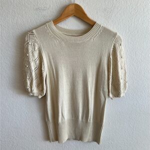 AMERICAN VINTAGE 90s Crochet Beige Short Sleeve Sweater Blouse Top Womens Small